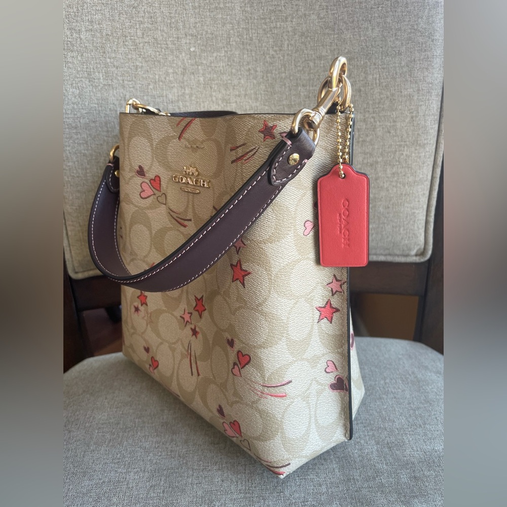 NWT！COACH MOLLIE BUCKET BAG 22 IN SIGNATURE CANVAS WITH HEART AND STAR（CJ645） - Picture 2 of 12